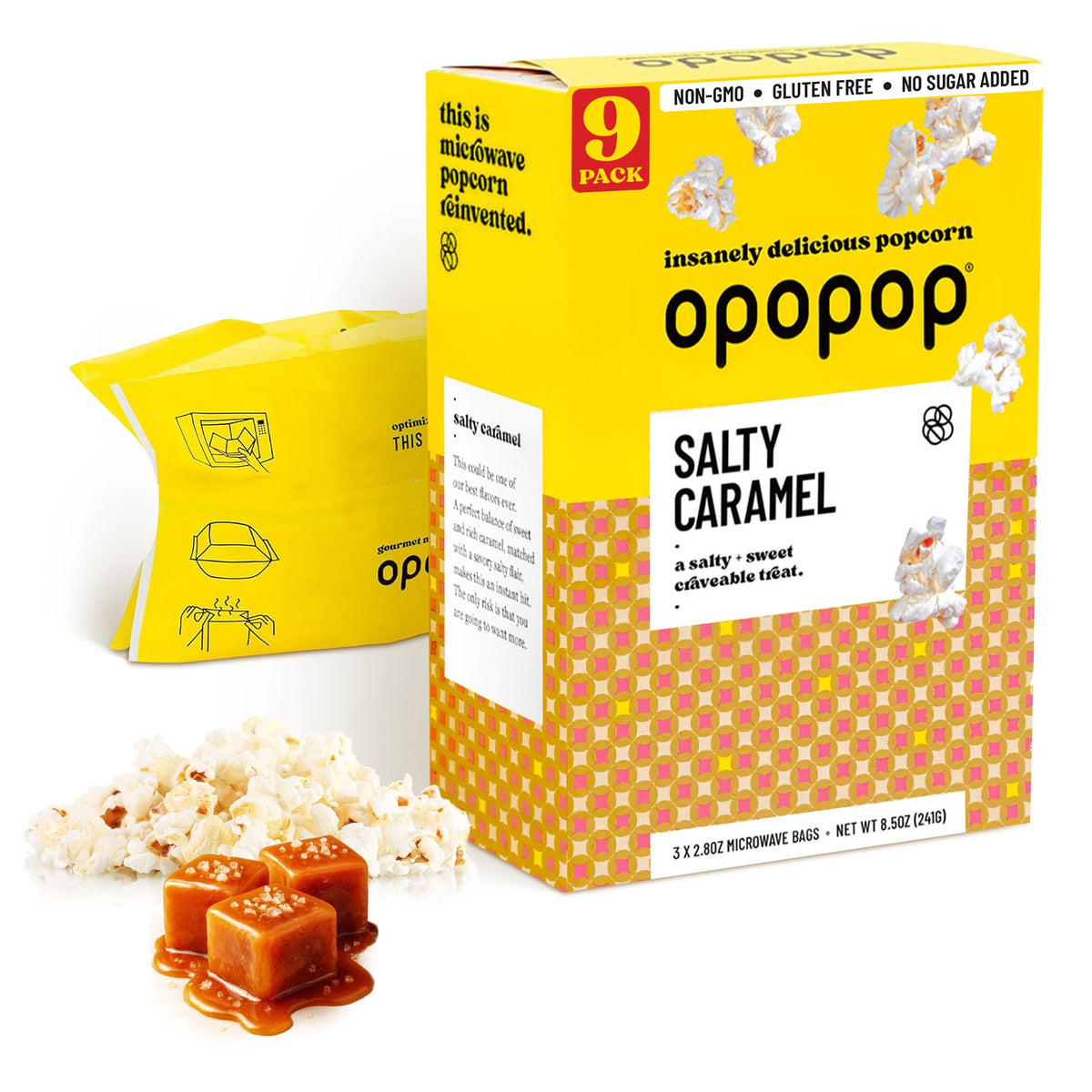 Opopop Salty Caramel popcorn bags for quick microwave snacking.