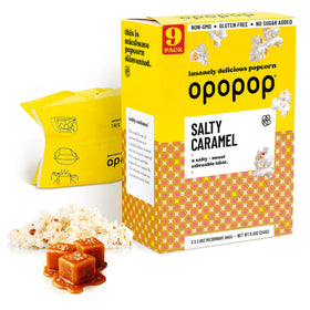 Opopop Salty Caramel popcorn bags for quick microwave snacking.