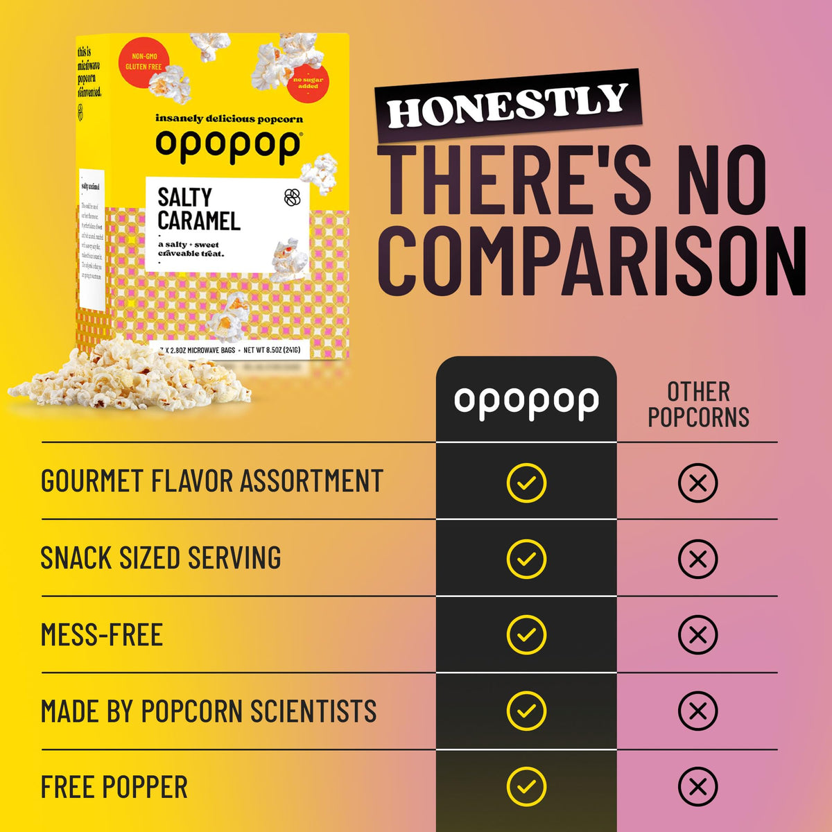 Opopop Salty Caramel popcorn night-snack setup suggests easy movie time.