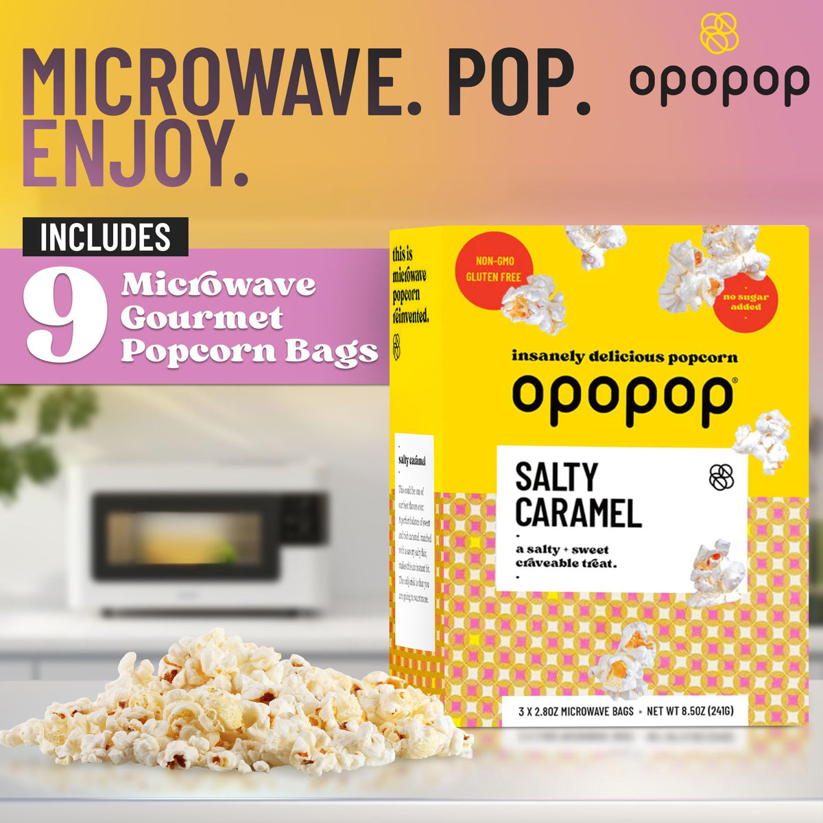 Opopop Salty Caramel popcorn packaging highlights premium design.