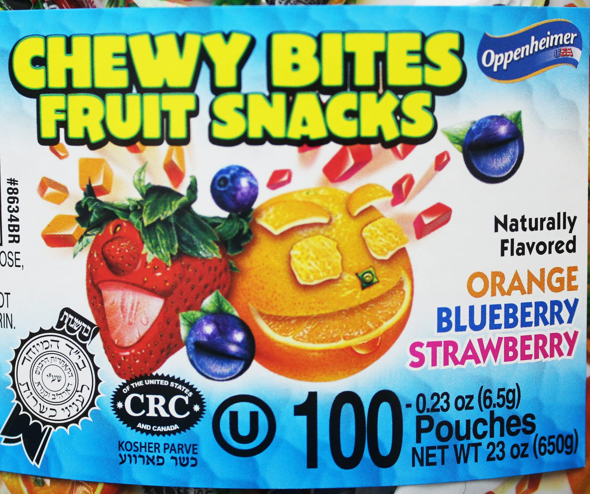 Oppenheimer USA fruit nuggets close-up showing real fruit pieces and natural colors.