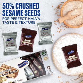 Oppenheimer USA Halva snacks kosher-certified, suitable for traditional dietary preferences.
