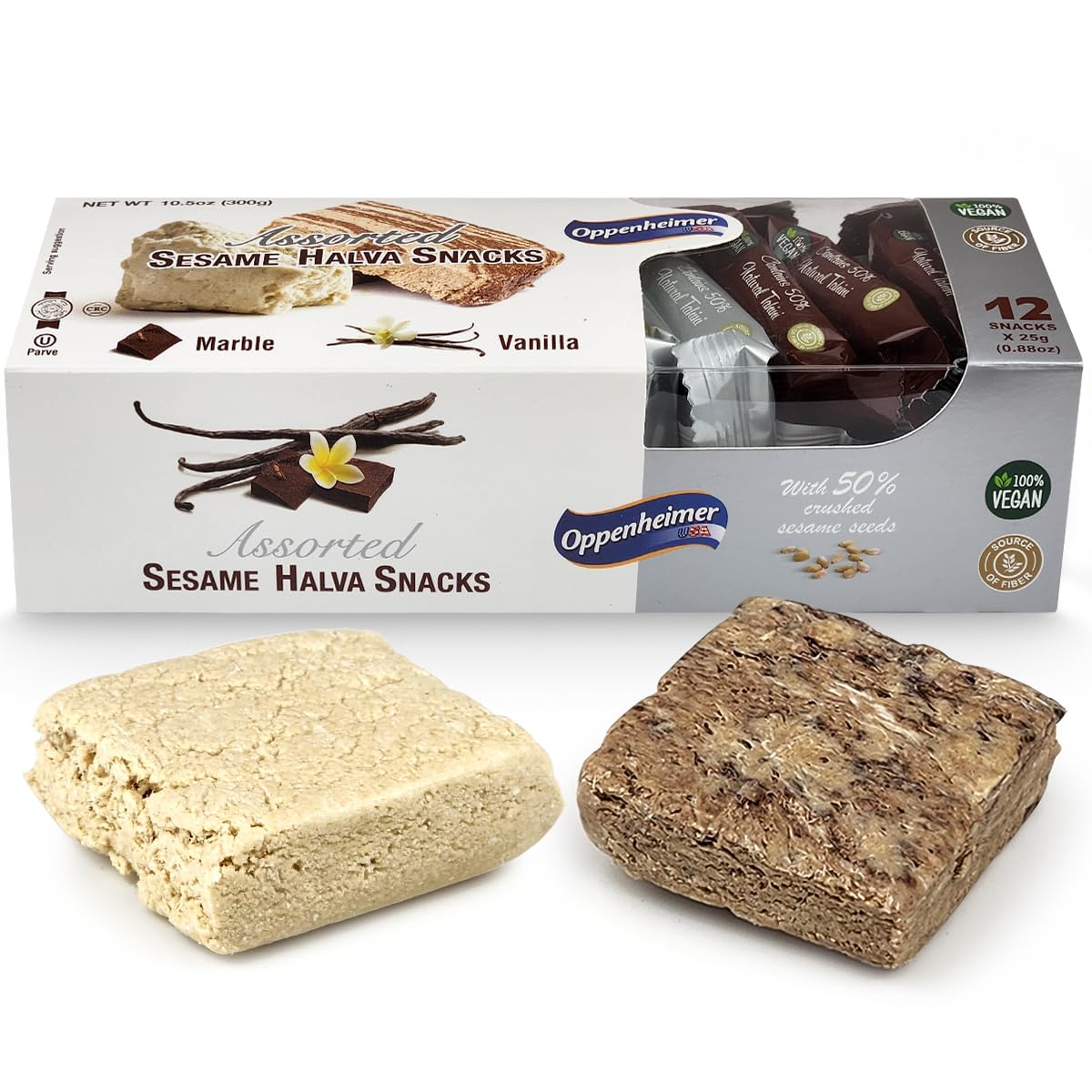 Oppenheimer USA Sesame Halva Marble bar close-up, layered texture for a rich chocolatey-vanilla fusion.