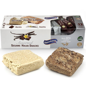 Oppenheimer USA Sesame Halva Marble bar close-up, layered texture for a rich chocolatey-vanilla fusion.