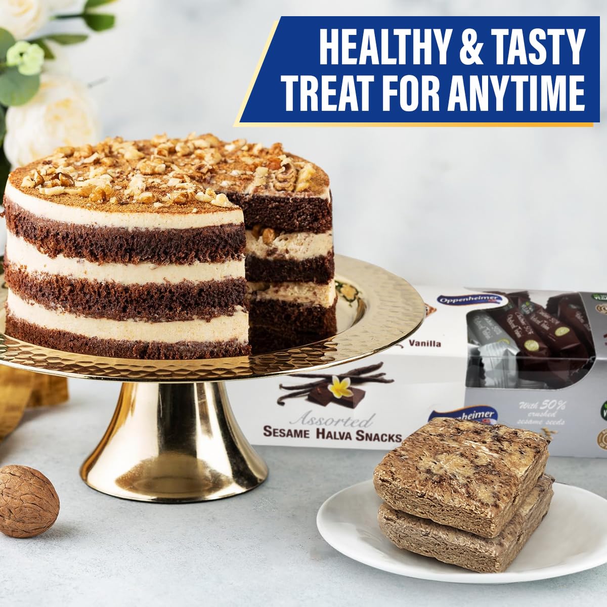 Oppenheimer USA Sesame Halva on a dessert platter, ideal for parties and gatherings.