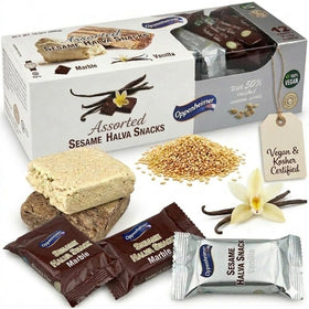 Oppenheimer USA Sesame Halva Vanilla bar close-up, smooth melt-in-your-mouth texture for a quick snack.