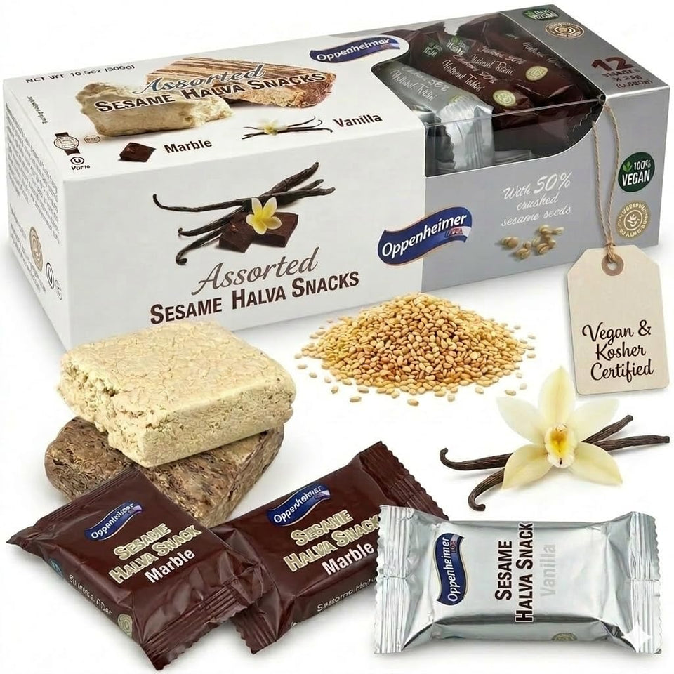Oppenheimer USA Sesame Halva Vanilla bar close-up, smooth melt-in-your-mouth texture for a quick snack.