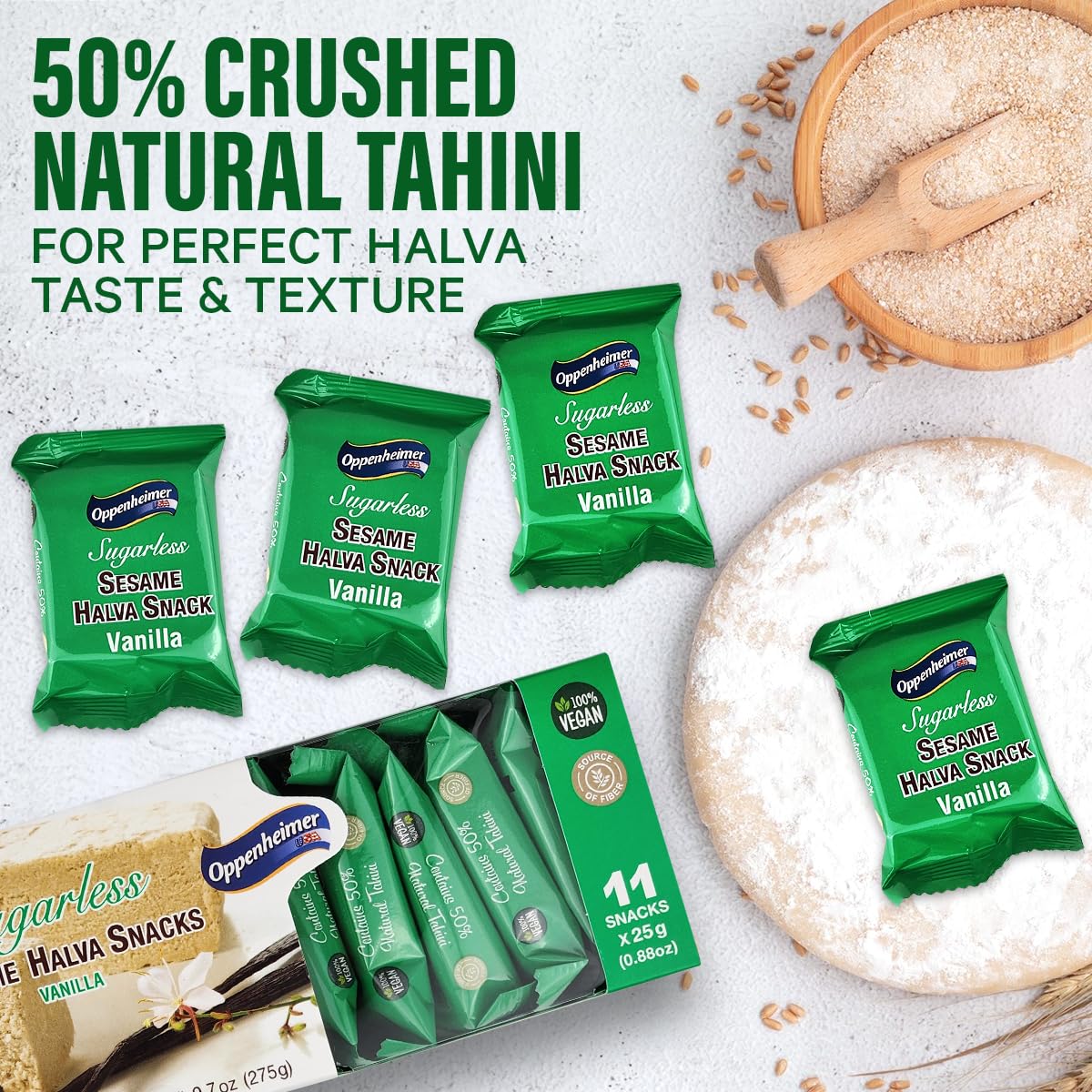 Oppenheimer USA vanilla halva 11-pack bundle on shelf, great value.