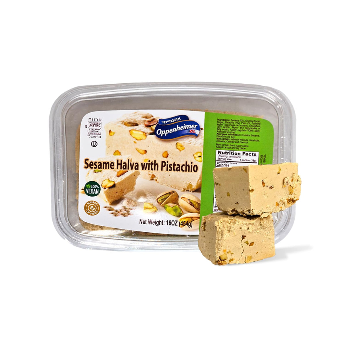 Oppenheimer USA sesame halva pistachio bars in packaging, a convenient vegan, kosher snack for any occasion.