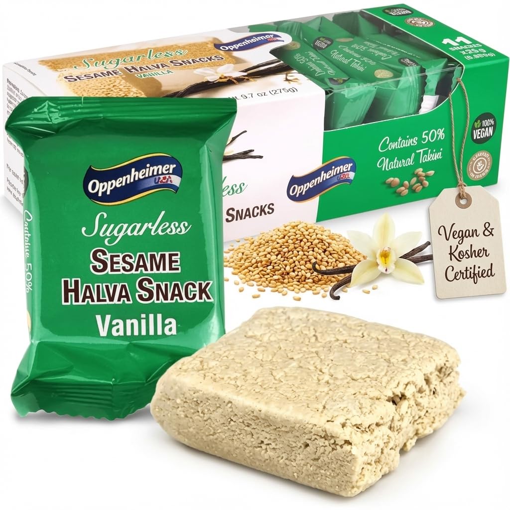Oppenheimer USA sugarless sesame halva vanilla bars packaged for on-the-go snacking.