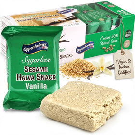Oppenheimer USA sugarless sesame halva vanilla bars packaged for on-the-go snacking.