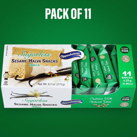 Oppenheimer USA vanilla halva bars paired with tea for a comforting break.