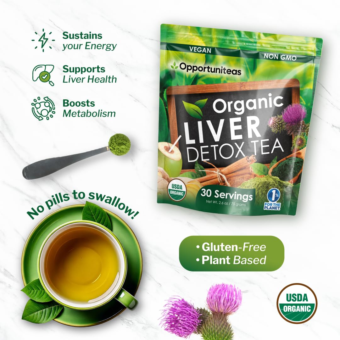 Opportuniteas ingredients mix with milk thistle, spirulina, ginger, cinnamon for a nutrient-rich wellness blend.