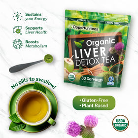 Opportuniteas ingredients mix with milk thistle, spirulina, ginger, cinnamon for a nutrient-rich wellness blend.