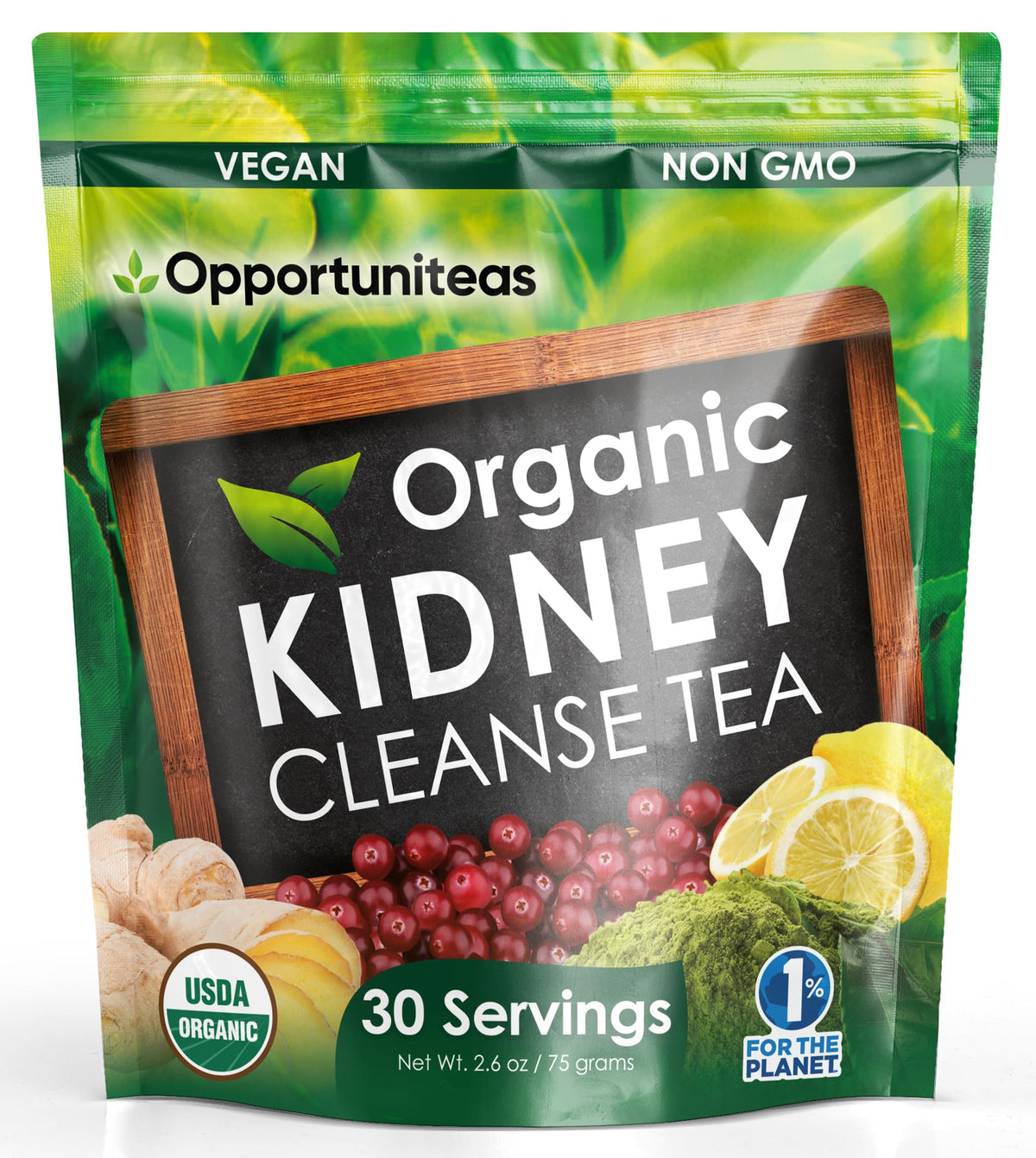 Opportuniteas Kidney Cleanse Tea bottle close-up, vegan and non-GMO formula for daily cleansing support