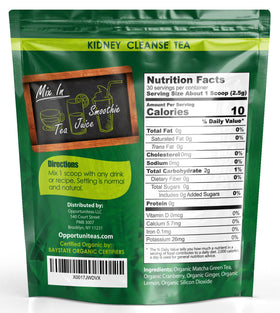 Opportuniteas Kidney Cleanse Tea packaging label, clear organic ingredients for trust and transparency