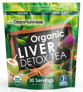 Opportuniteas liver detox tea powder jar with label for a trusted cleanse.