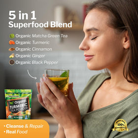 Opportuniteas Turmeric Tea Powder ingredients include ginger and cinnamon for warm aroma.