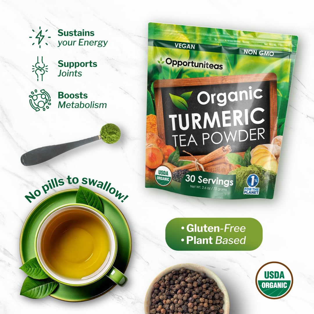 Opportuniteas Turmeric Tea Powder packaging emphasizes sustainability and convenience.