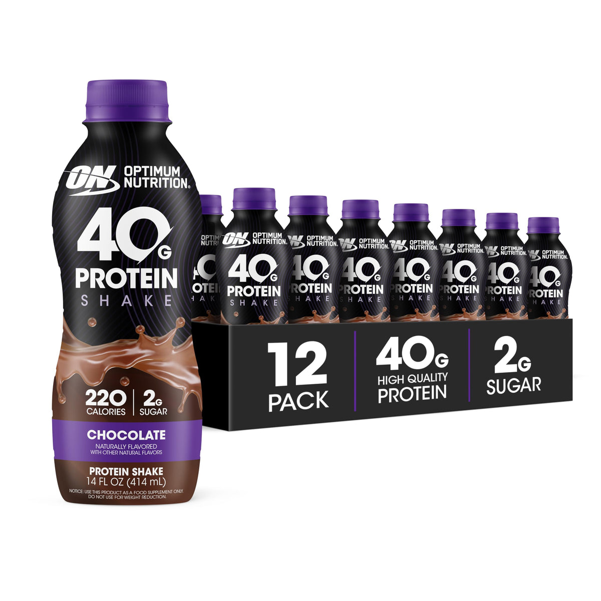 Optimum Nutrition 40g Protein Shake chocolate bottle ready-to-drink for post-workout recovery.