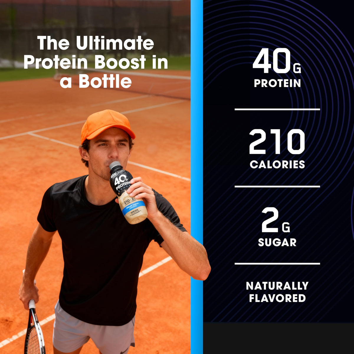 Optimum Nutrition 40g Protein Shake nutrition label — shows fiber and calcium basics.