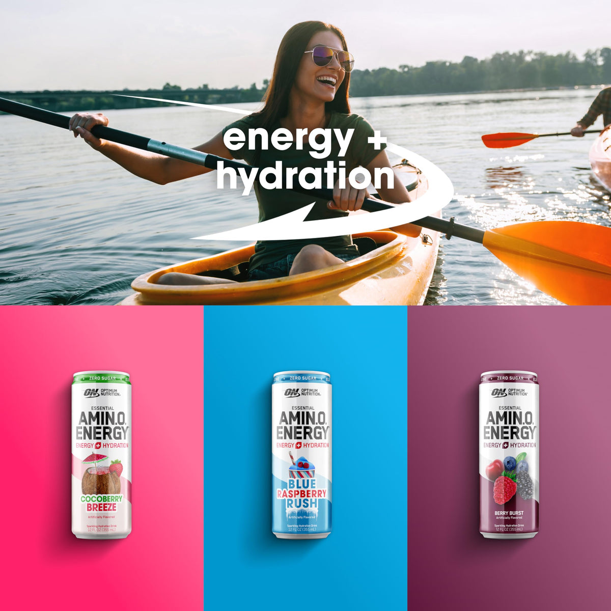 Optimum Nutrition Amino Energy glass with ice emphasizes sparkling hydration.
