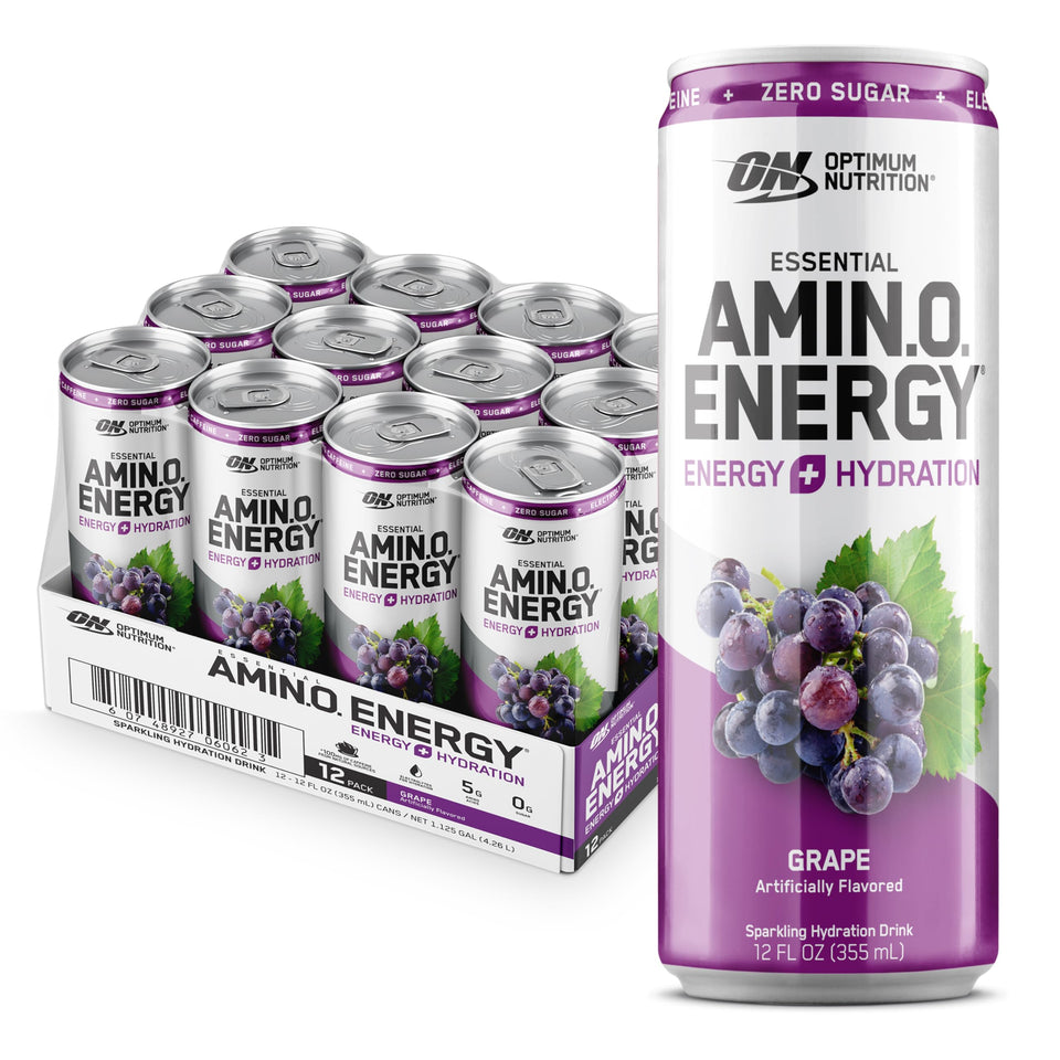 Optimum Nutrition Amino Energy grape bottle for on-the-go sparkling hydration.
