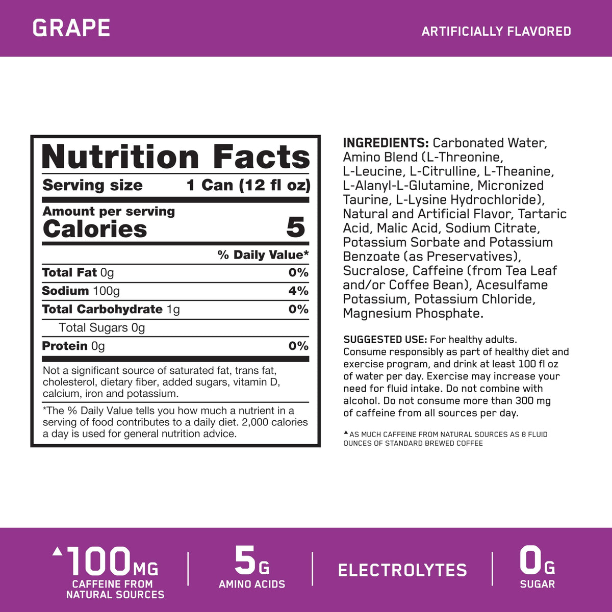 Optimum Nutrition Amino Energy grape label close-up, zero sugar and low calories.