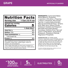Optimum Nutrition Amino Energy grape label close-up, zero sugar and low calories.