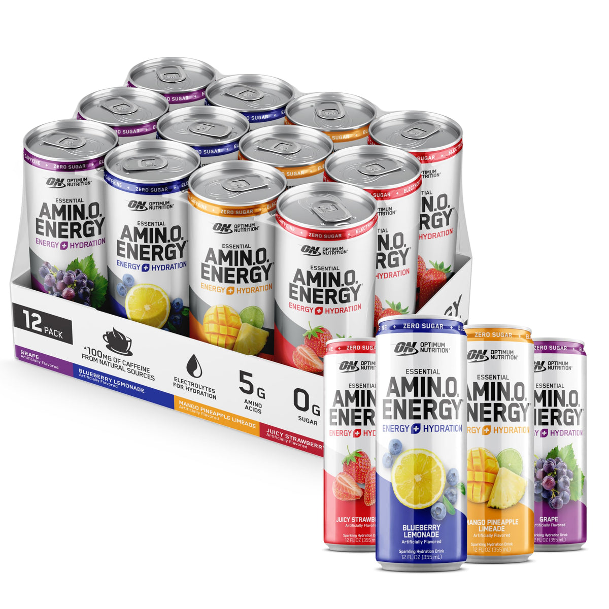 Optimum Nutrition Amino Energy sparkling can with electrolytes for refreshing hydration on the go.