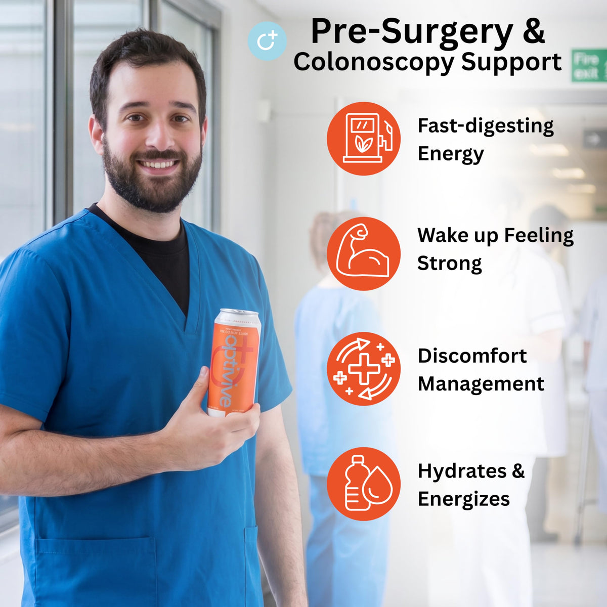 Optivive bottle pouring illustrating quick-energy support for surgery prep.
