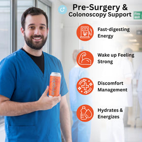 Optivive bottle pouring illustrating quick-energy support for surgery prep.