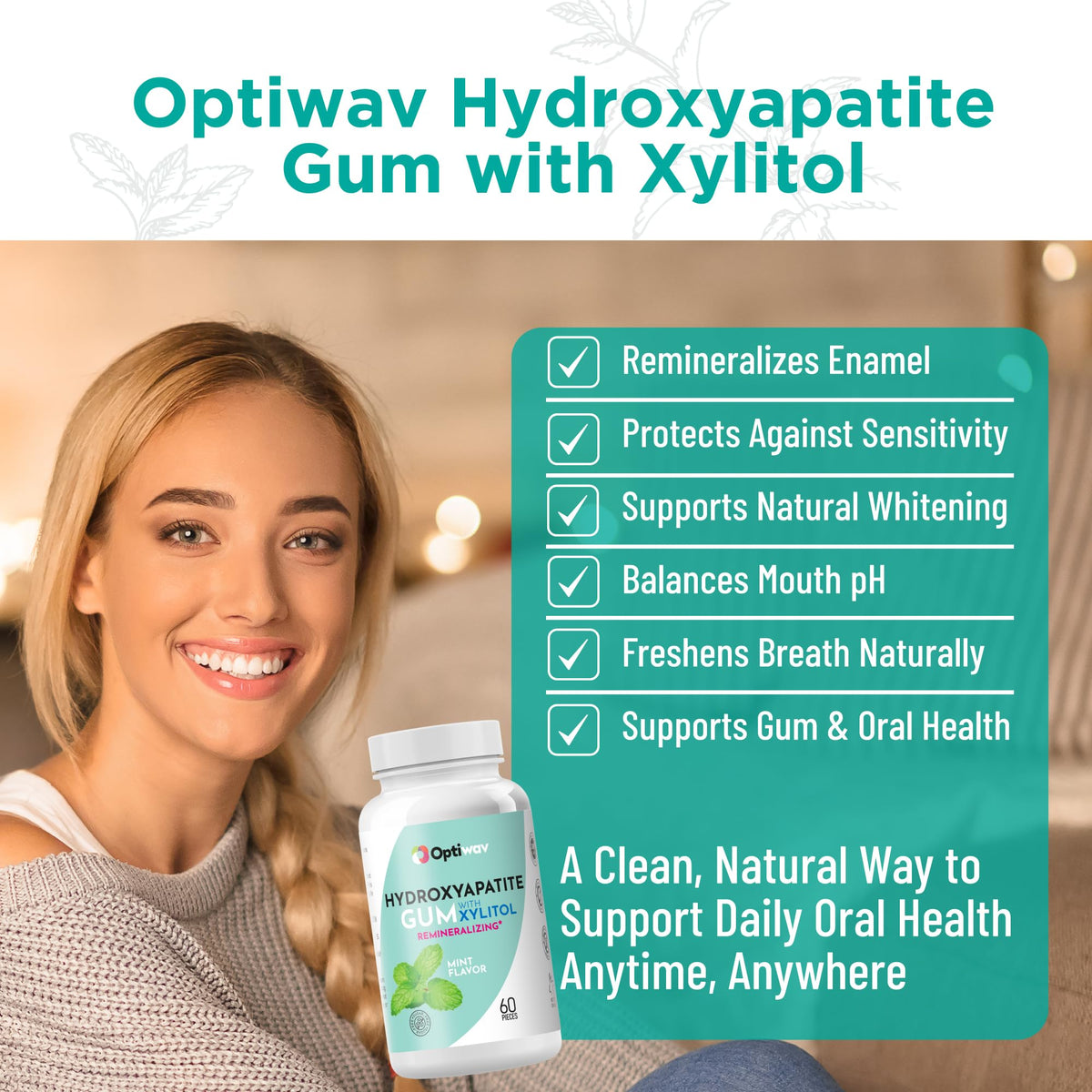 Optiwav Nano Hydroxyapatite gum pack back featuring clean-label ingredients
