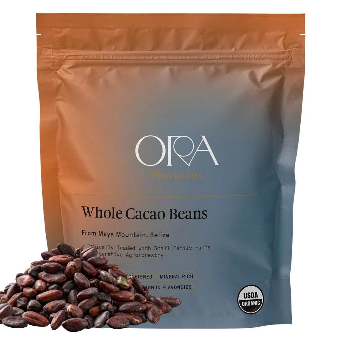 Ora Pure Ceremonial Cacao close-up, glossy seeds ideal for a mindful snack