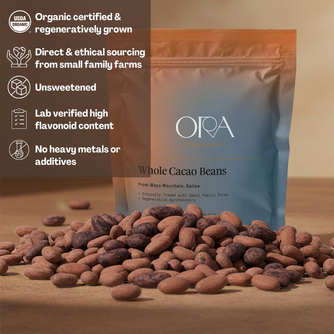 Ora Pure Ceremonial Cacao beans in basket, ready for rituals