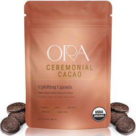 Ora Pure Ceremonial Cacao packaging close-up signaling ethical sourcing for mindful rituals.