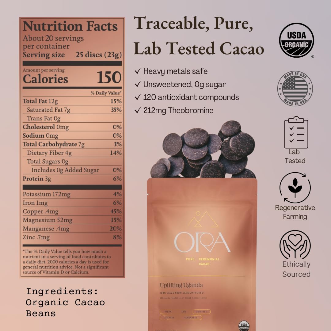 Ora Pure Ceremonial Cacao pour shot showing creamy texture for a soothing morning ritual.