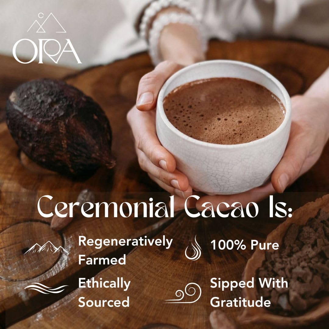 Ora Pure Ceremonial Cacao silky texture in bowl ideal for smooth preparation.