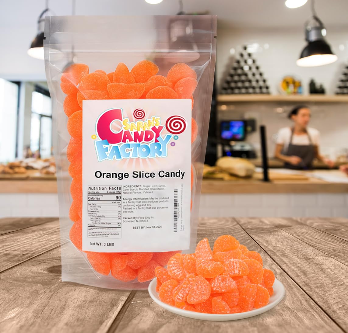 Sarah's Candy Factory orange slices gummies textured sugar coating close view