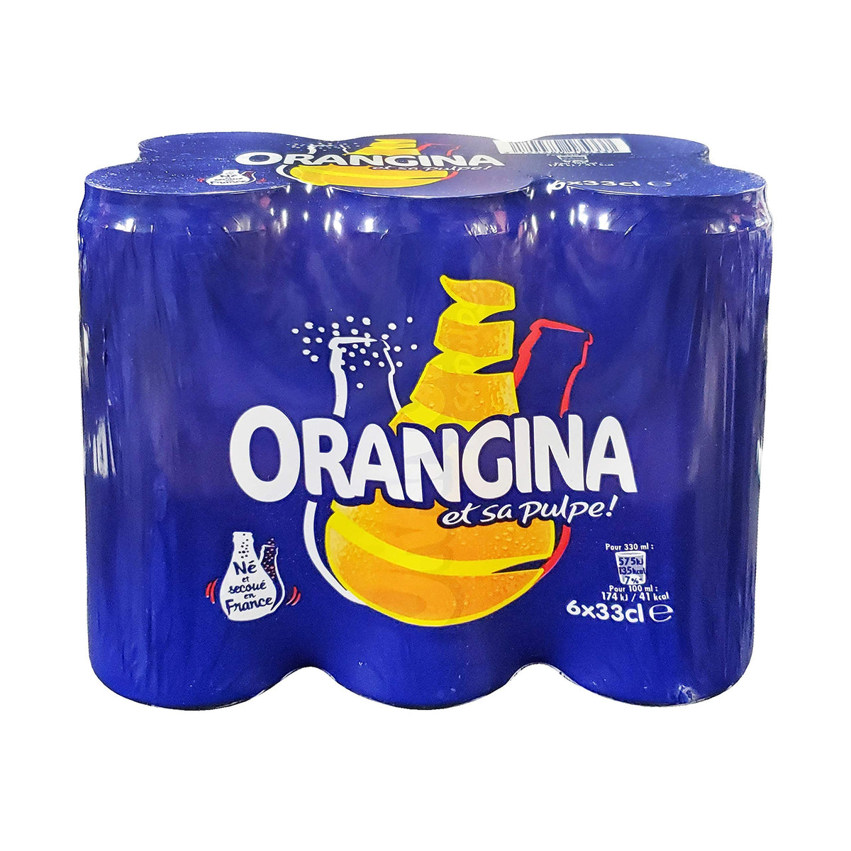 Orangina orange pulp close-up with lively bubbles for a refreshing sip.
