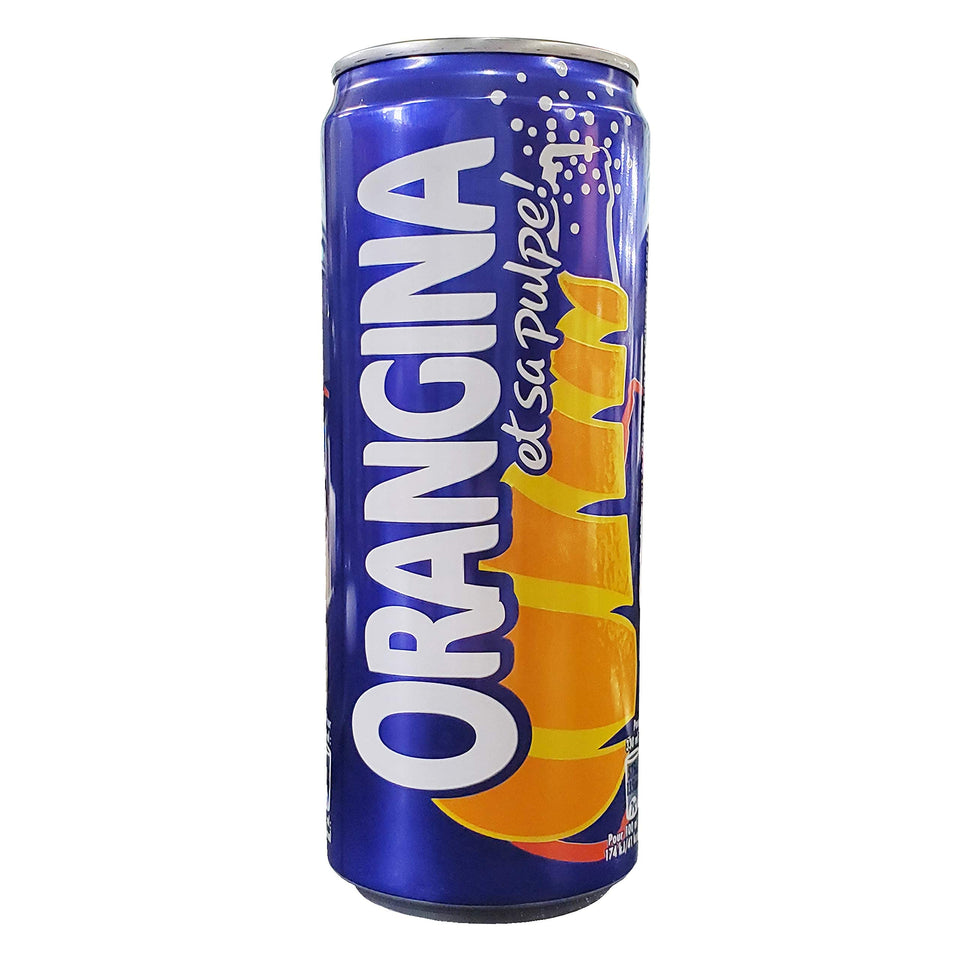 Orangina Pulpe tall can close-up with visible pulp and effervescent bubbles