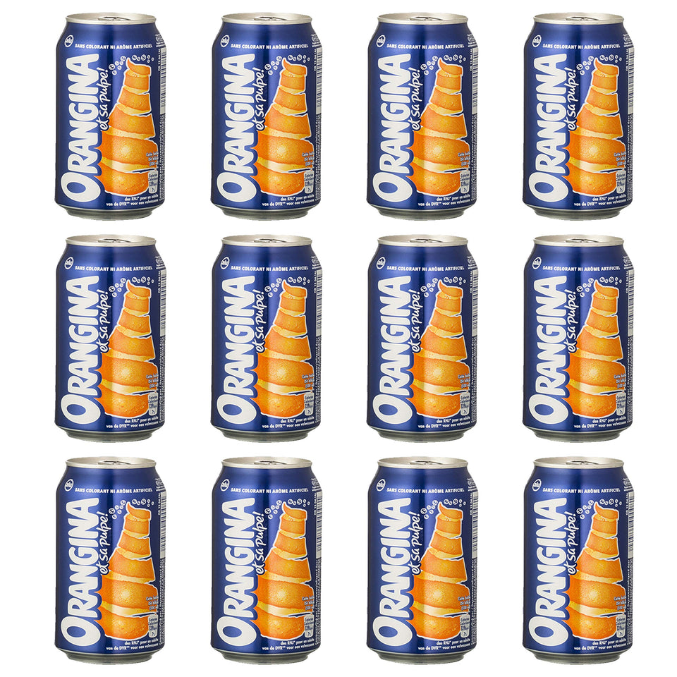 Orangina Pulpe pack shot with cans offering refreshing citrus experience.