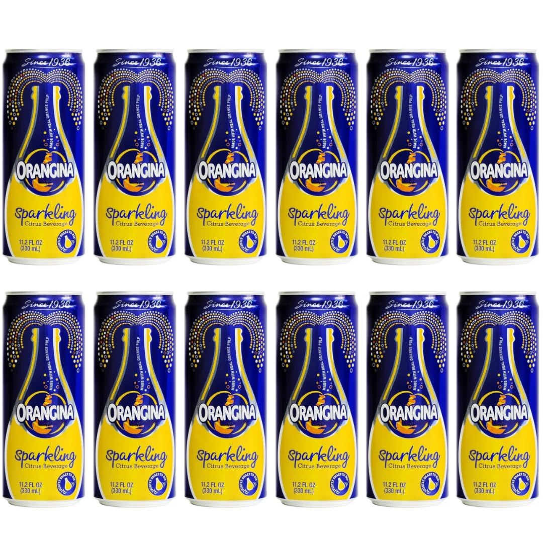 Orangina Sparkling Orange can with real juice and pulp, refreshing for gatherings.