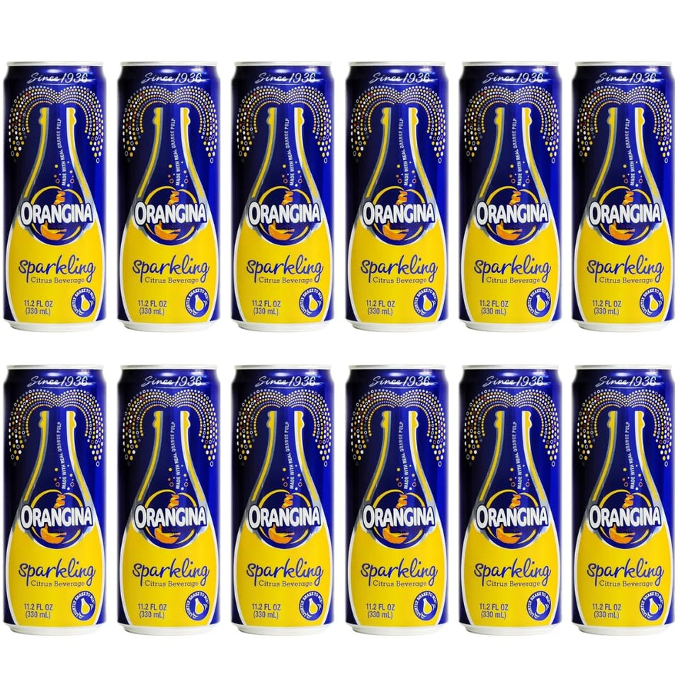 Orangina Sparkling Orange can with real juice and pulp, refreshing for gatherings.