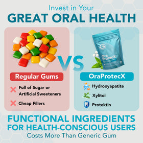 OraProtecX label emphasizes anti-cavity and mineral benefits.