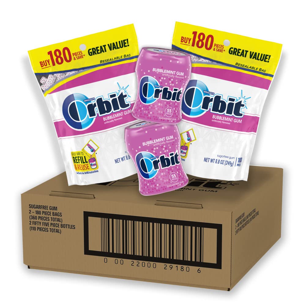 Orbit Bubblemint bulk-pack bottles sit on a desk, ready for fresh breath.