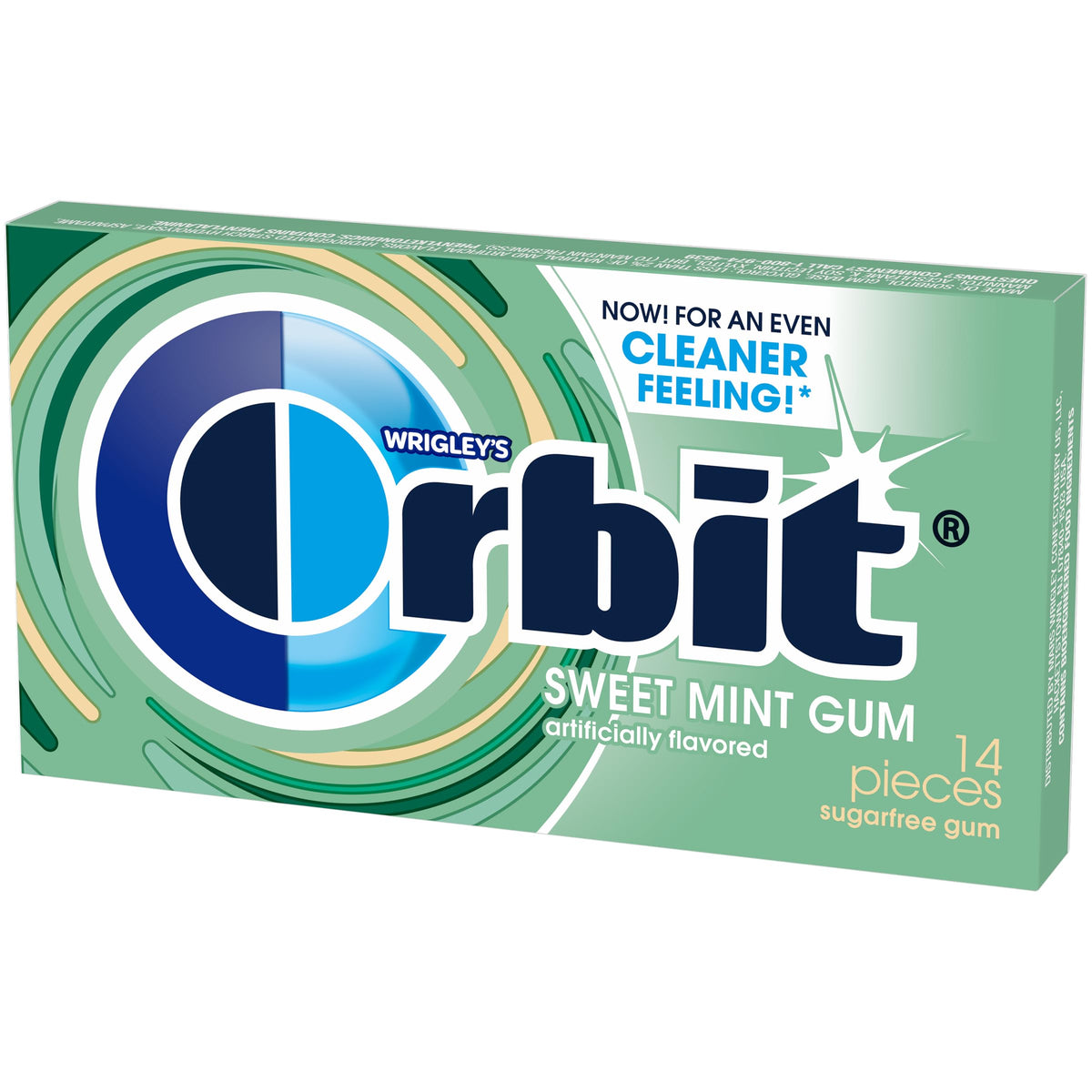 Orbit Sweet Mint pack close-up highlighting crisp cooling notes for on-the-go freshness.