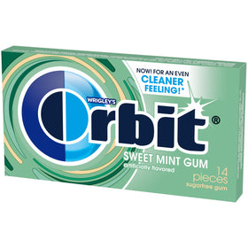 Orbit Sweet Mint pack close-up highlighting crisp cooling notes for on-the-go freshness.