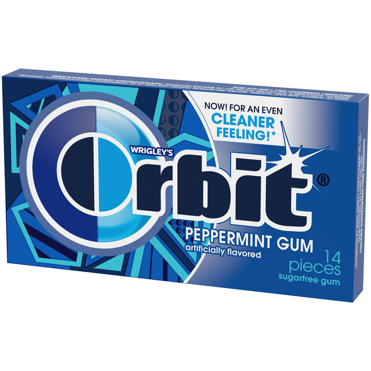 Orbit Wintermint pack close-up suggesting crisp long lasting freshness for travel.