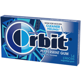 Orbit Wintermint pack close-up suggesting crisp long lasting freshness for travel.